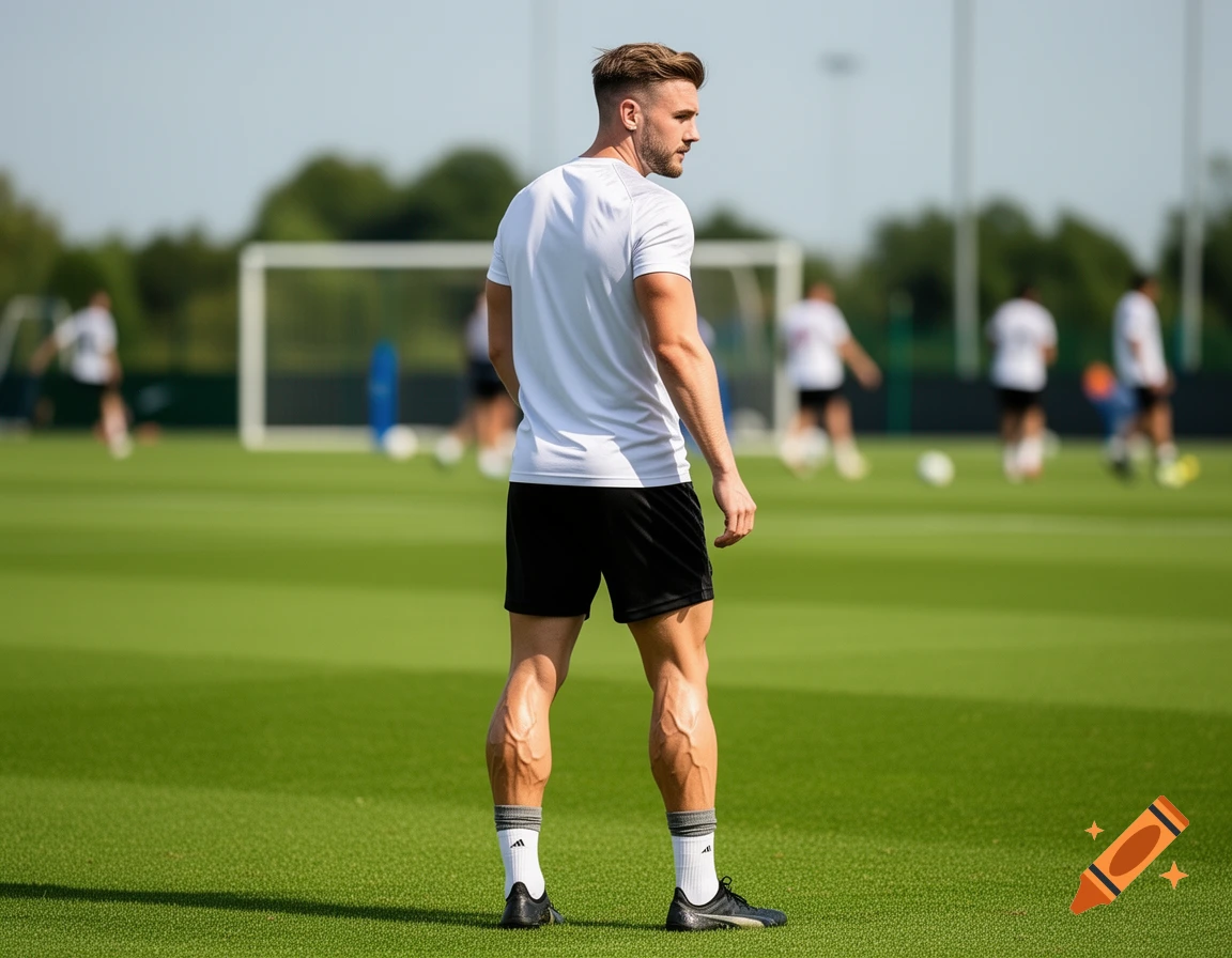 A man in a white t-shirt and black shorts stands on a green soccer field, looking over his right shoulder. Other players are blurred in the background.