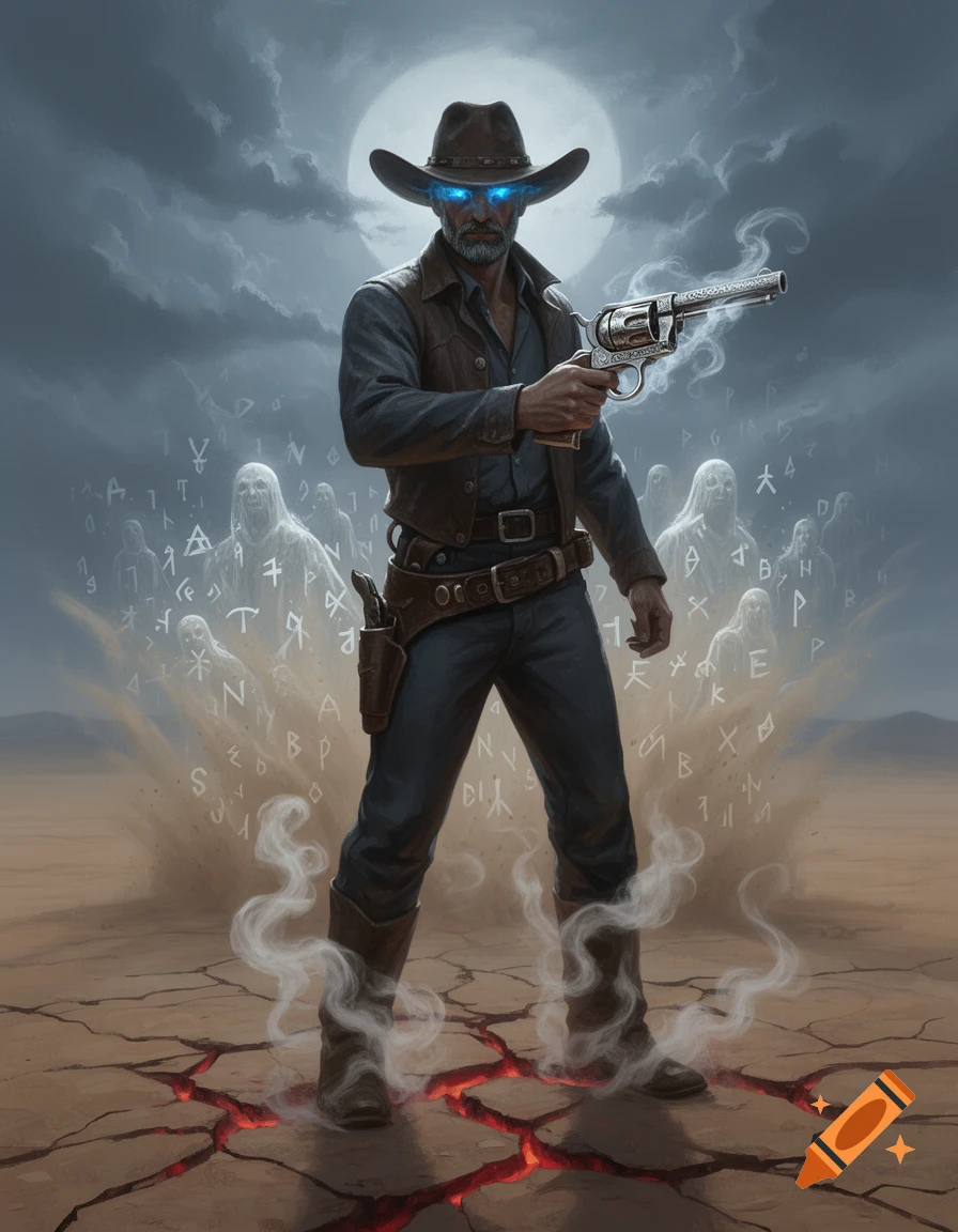 An intense cowboy with glowing blue eyes holds a smoking revolver, surrounded by ghostly figures and swirling runic symbols under a full moon. Cracks in the desert ground reveal glowing lava.