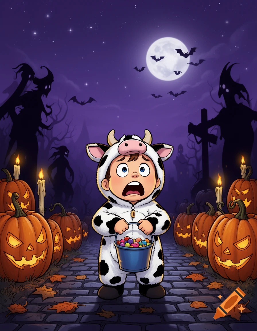A scared cartoon child in a cow costume holds a candy bucket on a Halloween night with jack-o'-lanterns and spooky silhouettes.