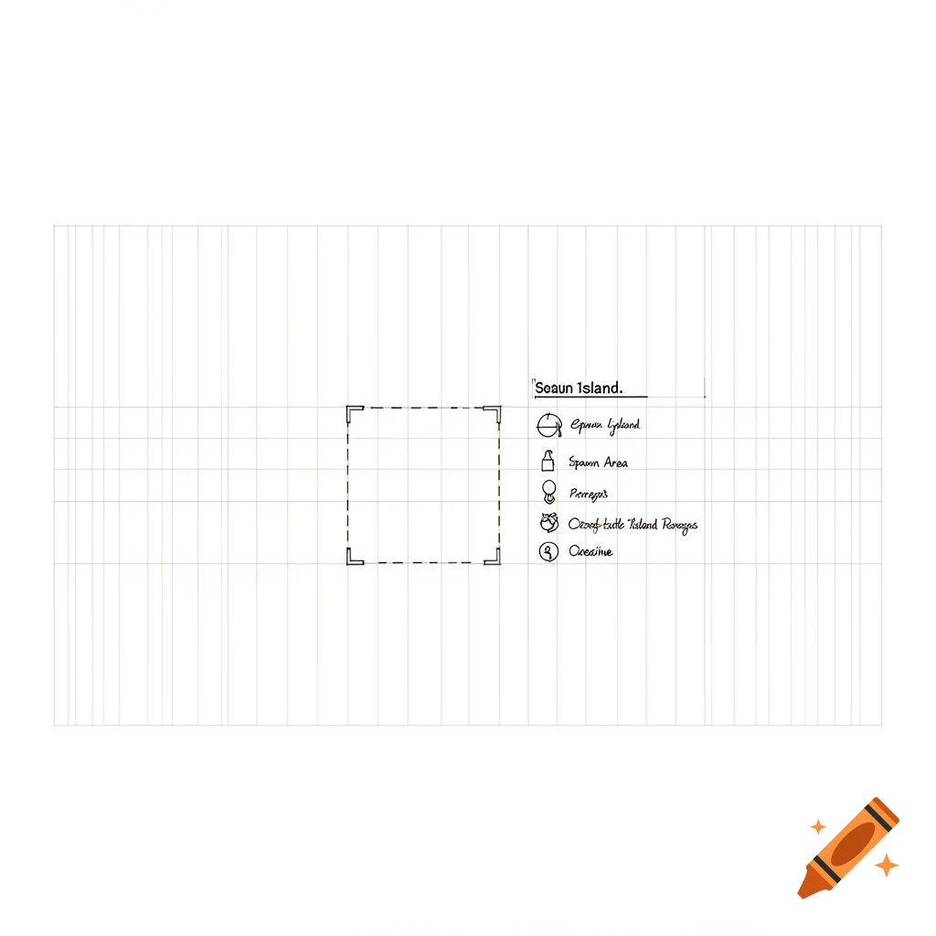 A simple blueprint sketch of an island layout on grid paper with a dashed square representing an area and a legend titled "Seaun Island" listing "Spawn Area" and other items.