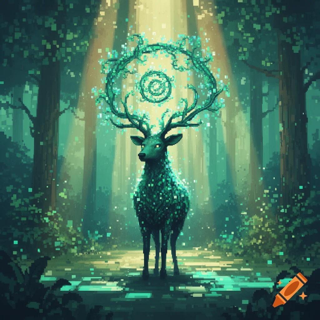 A pixel art illustration of a glowing green deer with large antlers and a swirling energy halo in a luminous forest.