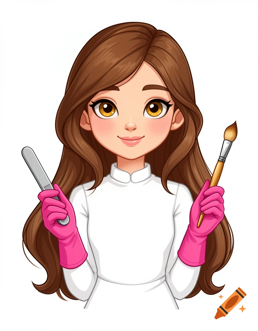 A cartoon illustration of a girl with long brown hair, hazel eyes, wearing a white outfit and pink gloves, holding a nail file and a paintbrush.