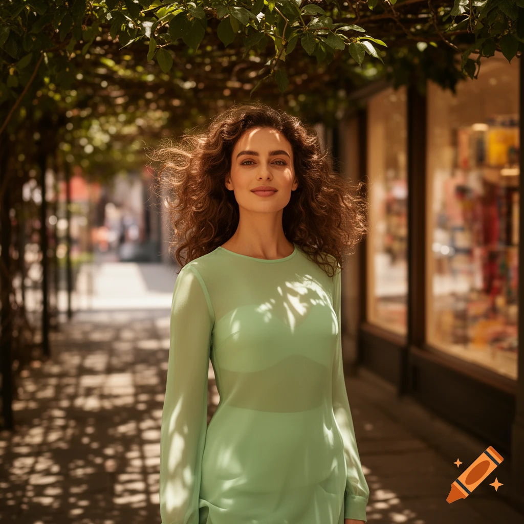 Photorealistic portrait of a woman with curly brown hair in a sheer light green top, standing on a shaded street with shops in the background.