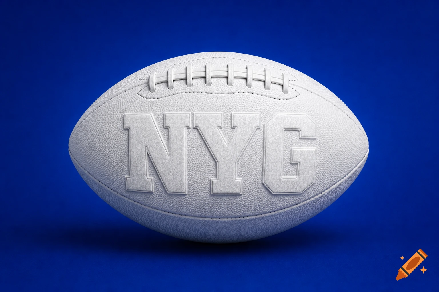 A white football with the letters 'NYG' embossed on it, against a solid blue background.