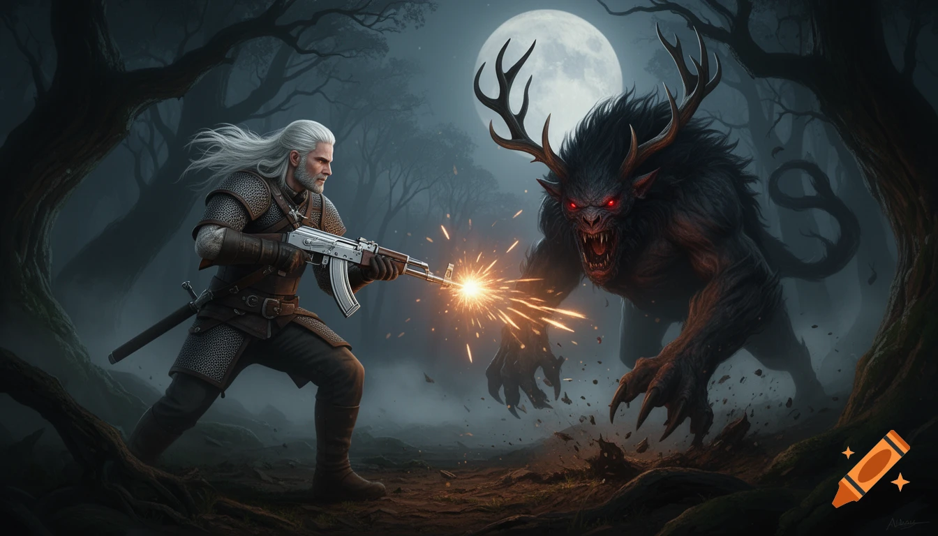 Geralt of Rivia fires a silver AK-47 at a horned Fiend monster in a dark, misty forest under a full moon.