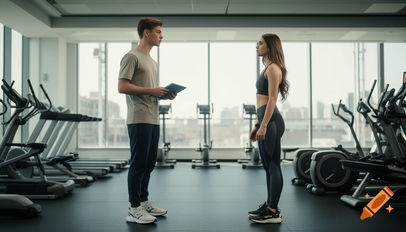 A man holding a tablet stands facing a woman in athletic wear in a modern gym with treadmills and large windows.