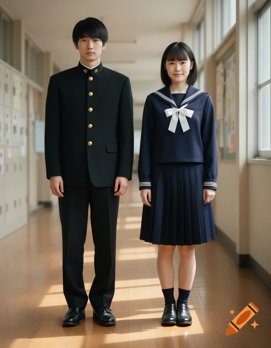 A male and female student in Japanese school uniforms stand side-by-side in a brightly lit school hallway.