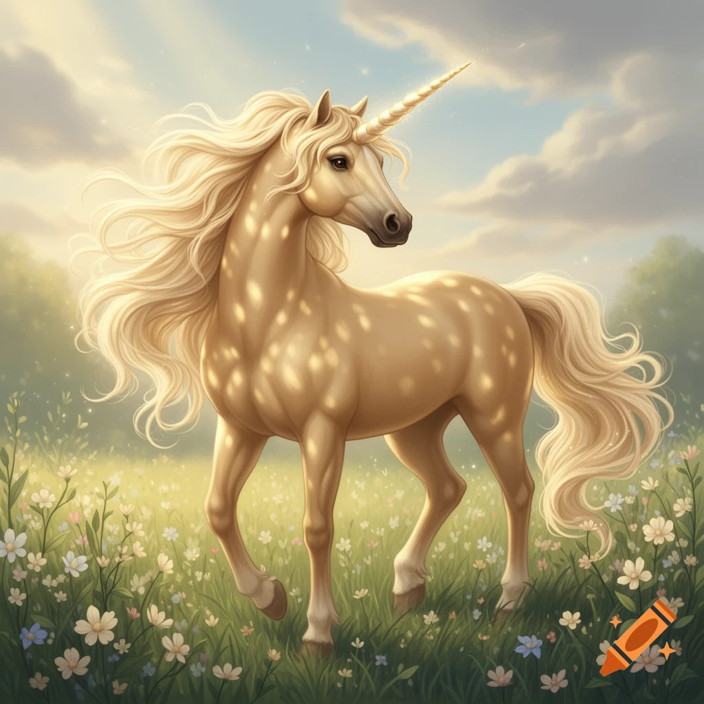 A palomino unicorn with a golden horn and flowing mane stands in a sunny, flower-filled meadow under a blue sky.