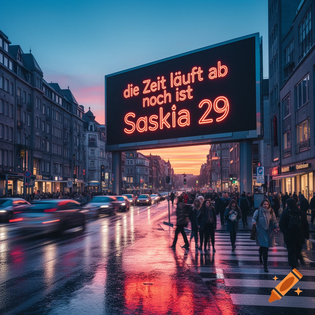 A vibrant city street at dusk, with cars, pedestrians, and a large neon billboard reading 'die Zeit läuft ab noch ist Saskia 29'.