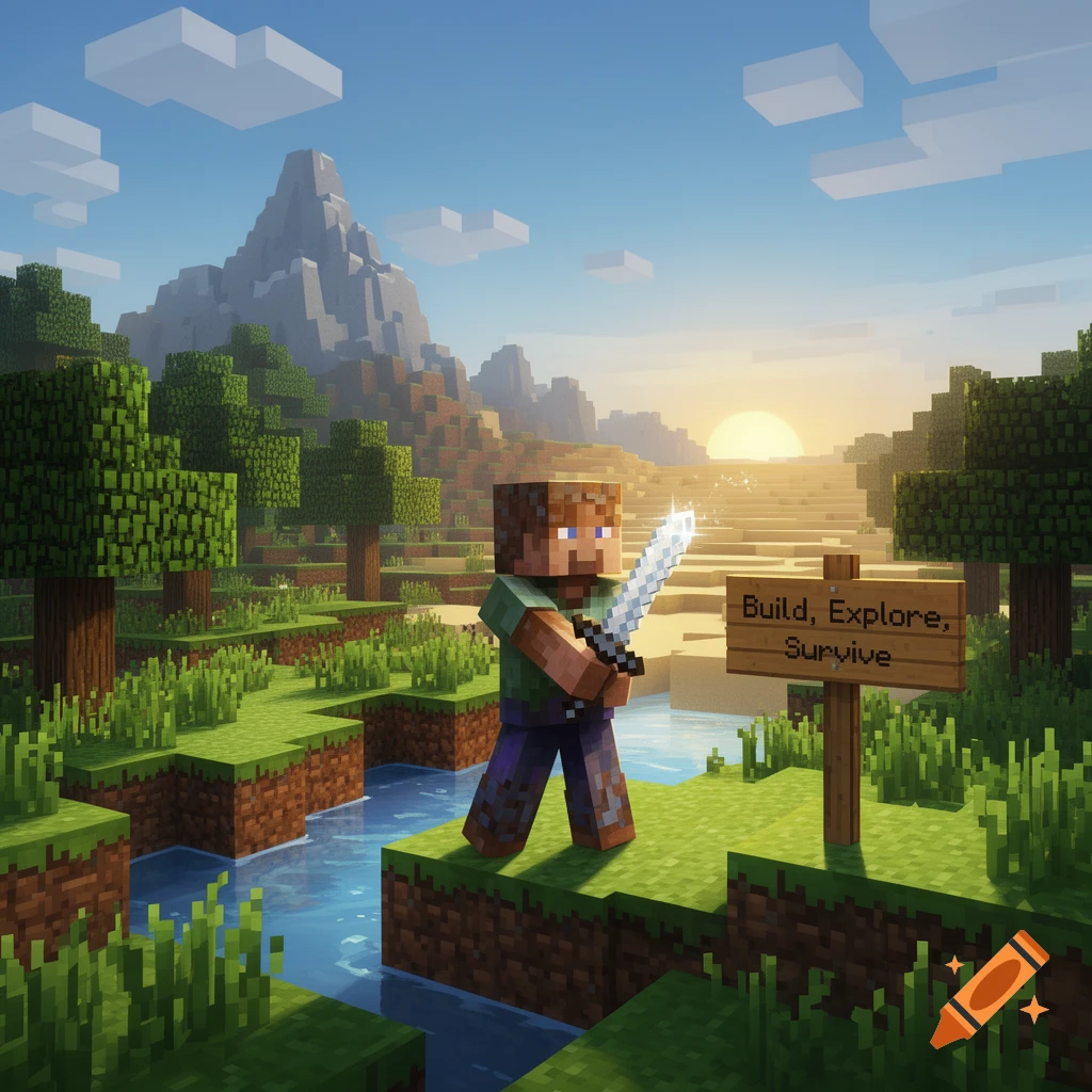 Minecraft character with a gleaming sword standing next to a sign reading 'Build, Explore, Survive' in a blocky, vibrant landscape with mountains and a sunset.