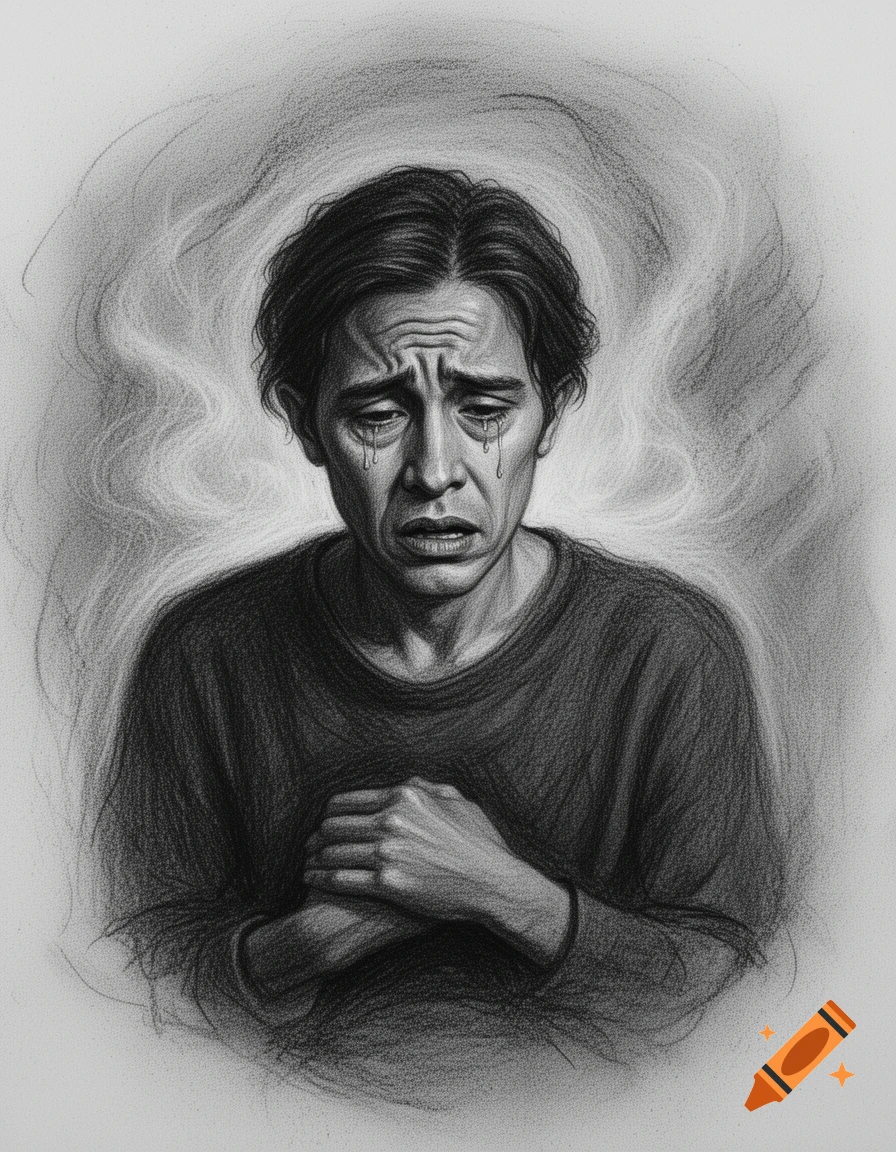Stylized charcoal drawing of a distraught person with tears streaming down their face, hands clasped over their chest.