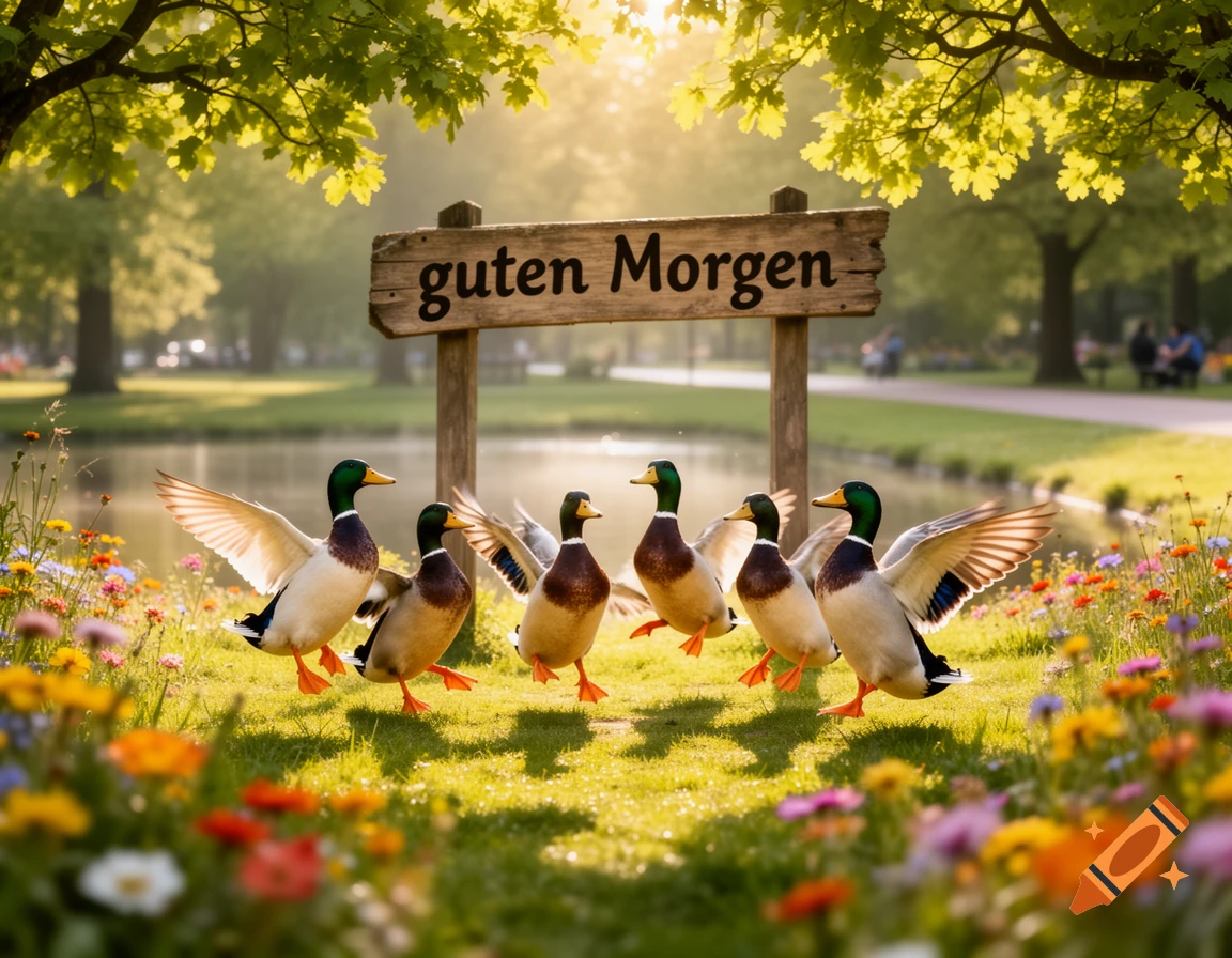 Six mallard ducks dancing around a 'guten Morgen' sign in a sunny, flower-filled park by a pond.