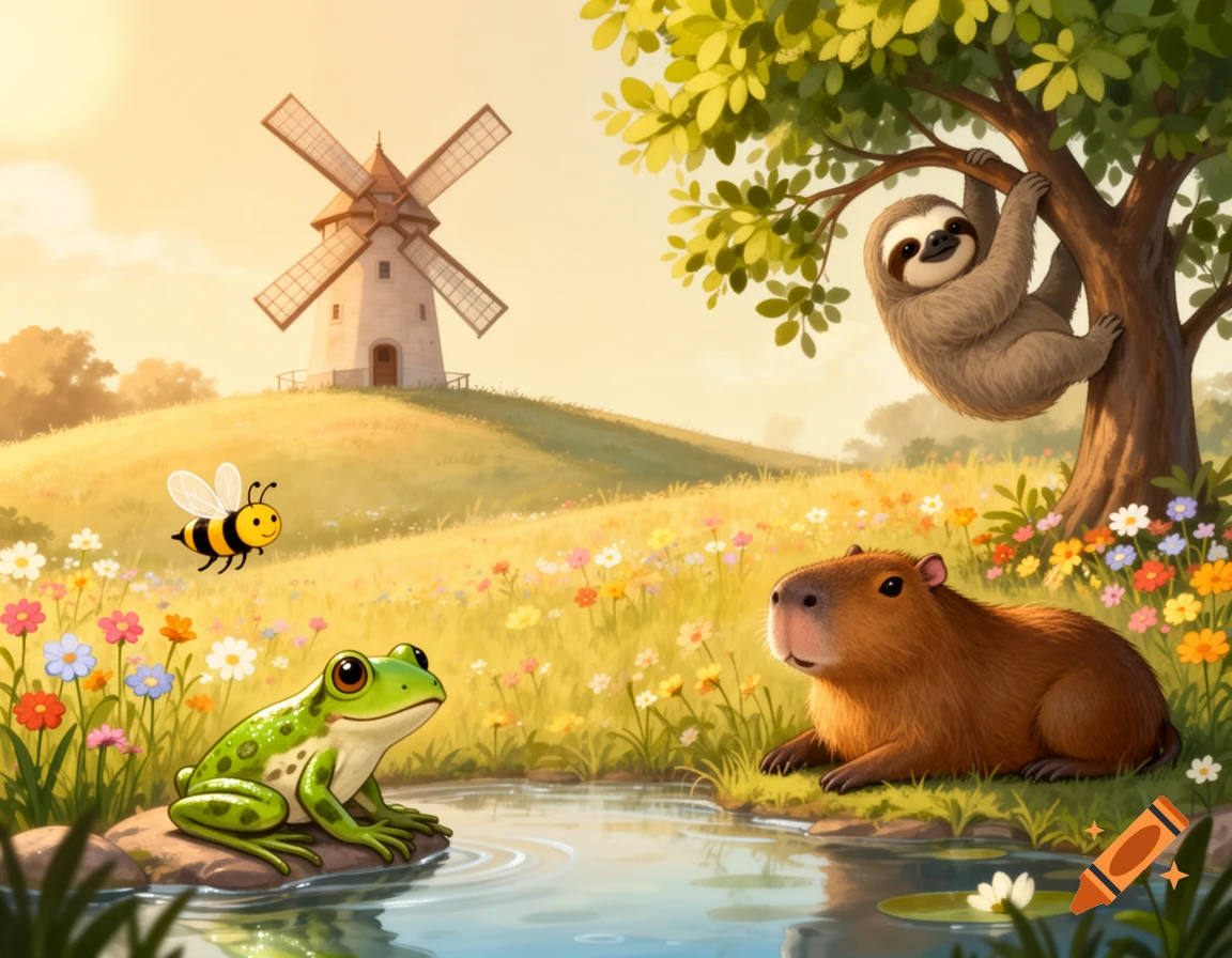 Cartoon animals in a sunny meadow: a frog by a pond, a capybara, a sloth in a tree, a bee, and a windmill on a hill.
