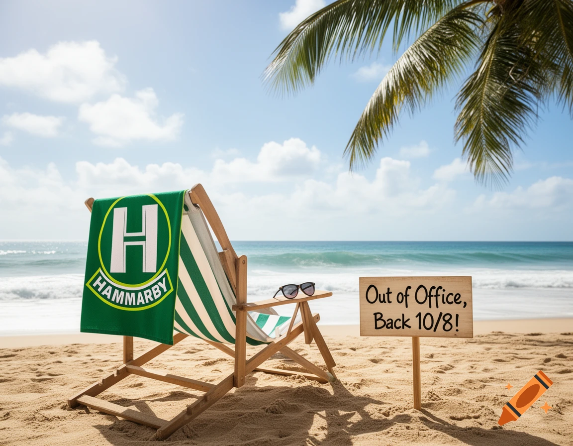 A wooden deck chair with a green Hammarby towel on a sunny beach, next to a sign that says 'Out of Office, Back 10/8!'.