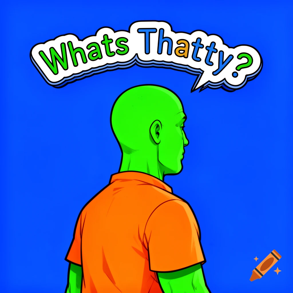 Cartoony green-skinned man in orange shirt, viewed from side, with a speech bubble saying 'Whats Thatty?' against a blue background.