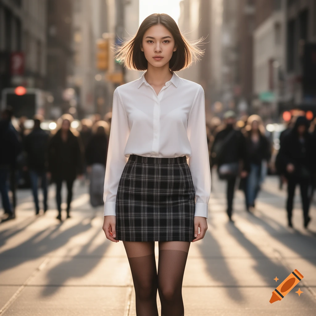 A young woman with a bob haircut wears a white shirt, plaid mini skirt, and pantyhose, walking on a sunny city street.