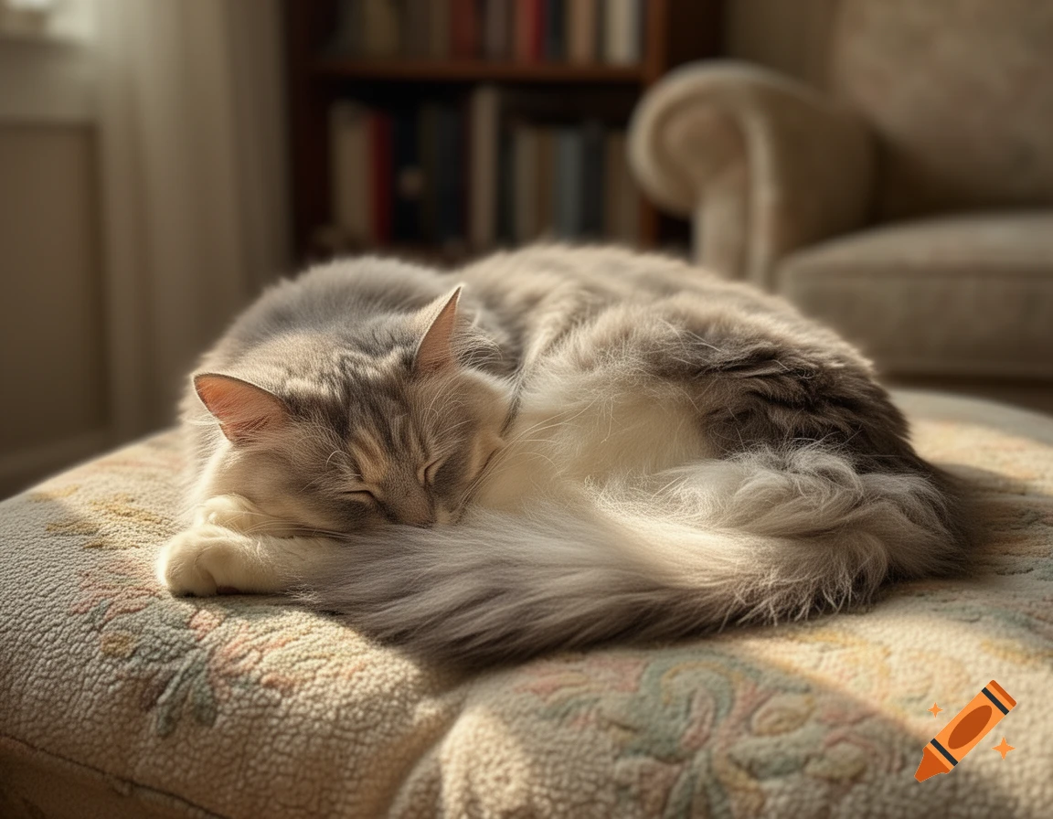 A fluffy grey and white cat curled up asleep on a patterned cushion in warm sunlight, with a bookshelf in the background.
