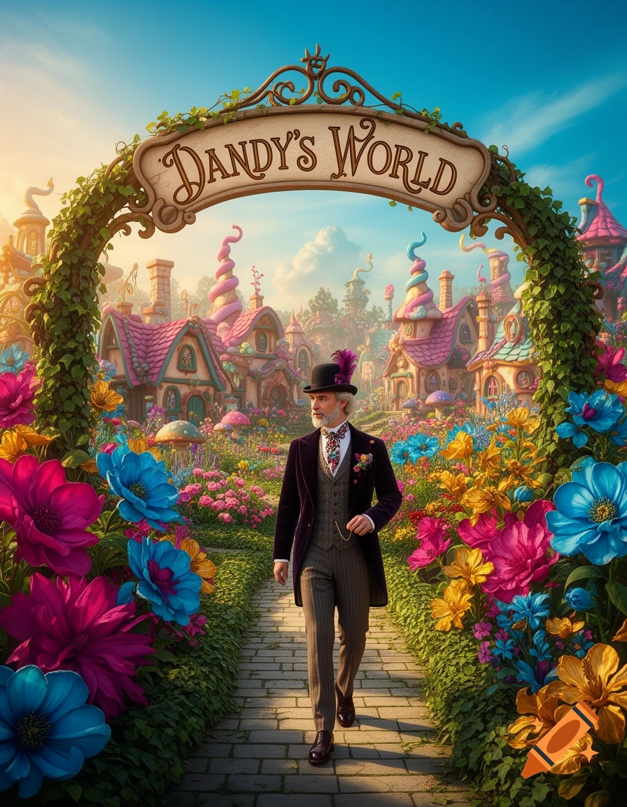 A dapper man in a purple coat and top hat walks on a path under a 'Dandy's World' arch, surrounded by vibrant flowers and whimsical, colorful houses.