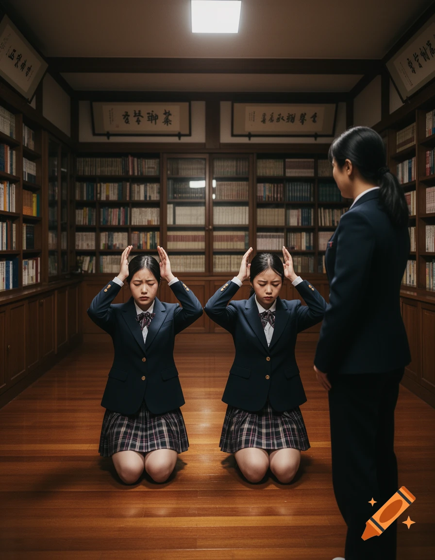 Two female students in uniforms kneel with hands on their heads on a wooden floor in a library, facing an adult female teacher.