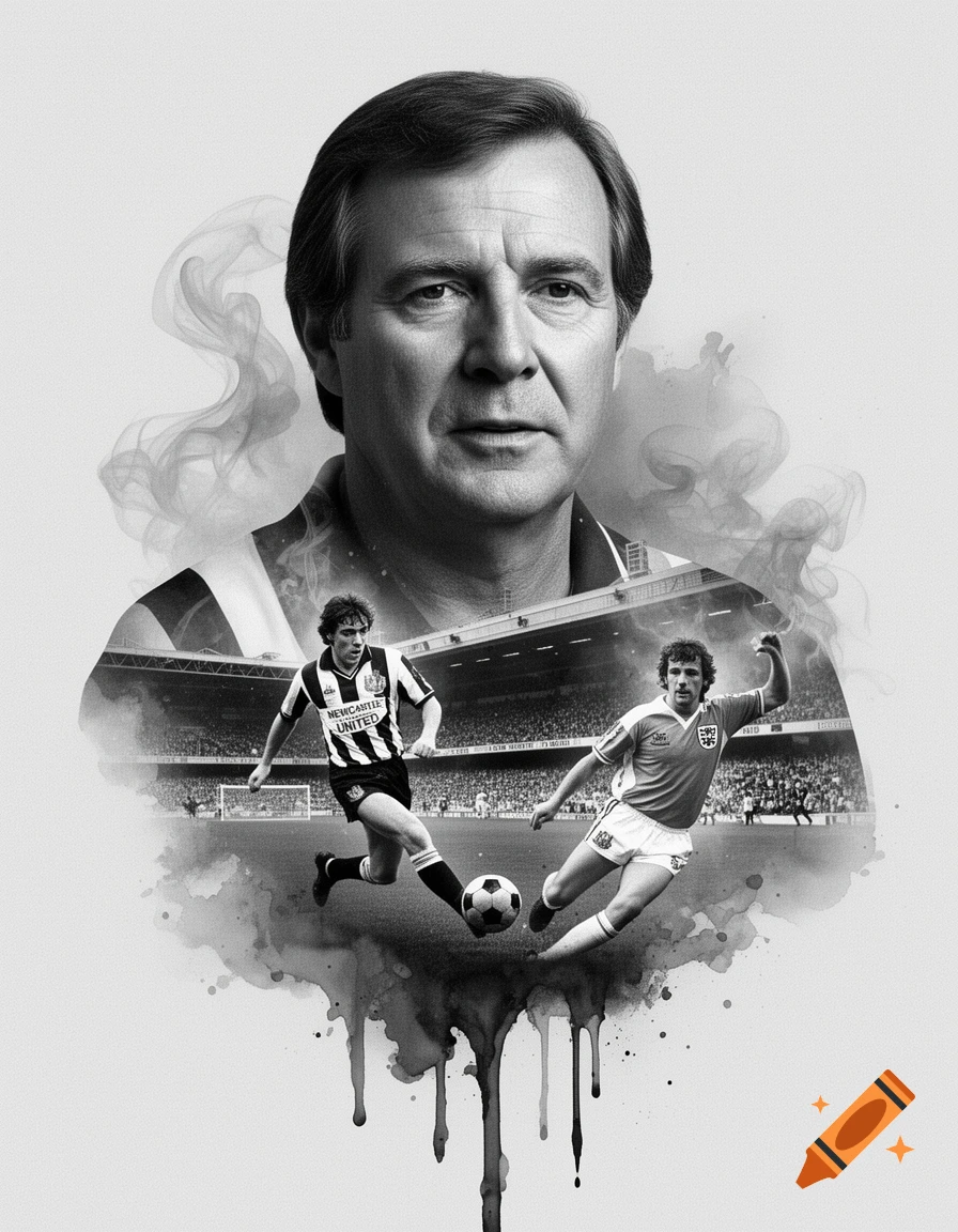 Monochrome editorial portrait of Kevin Keegan with integrated action shots of him playing football for Newcastle United and England, blended with smoke and ink textures.