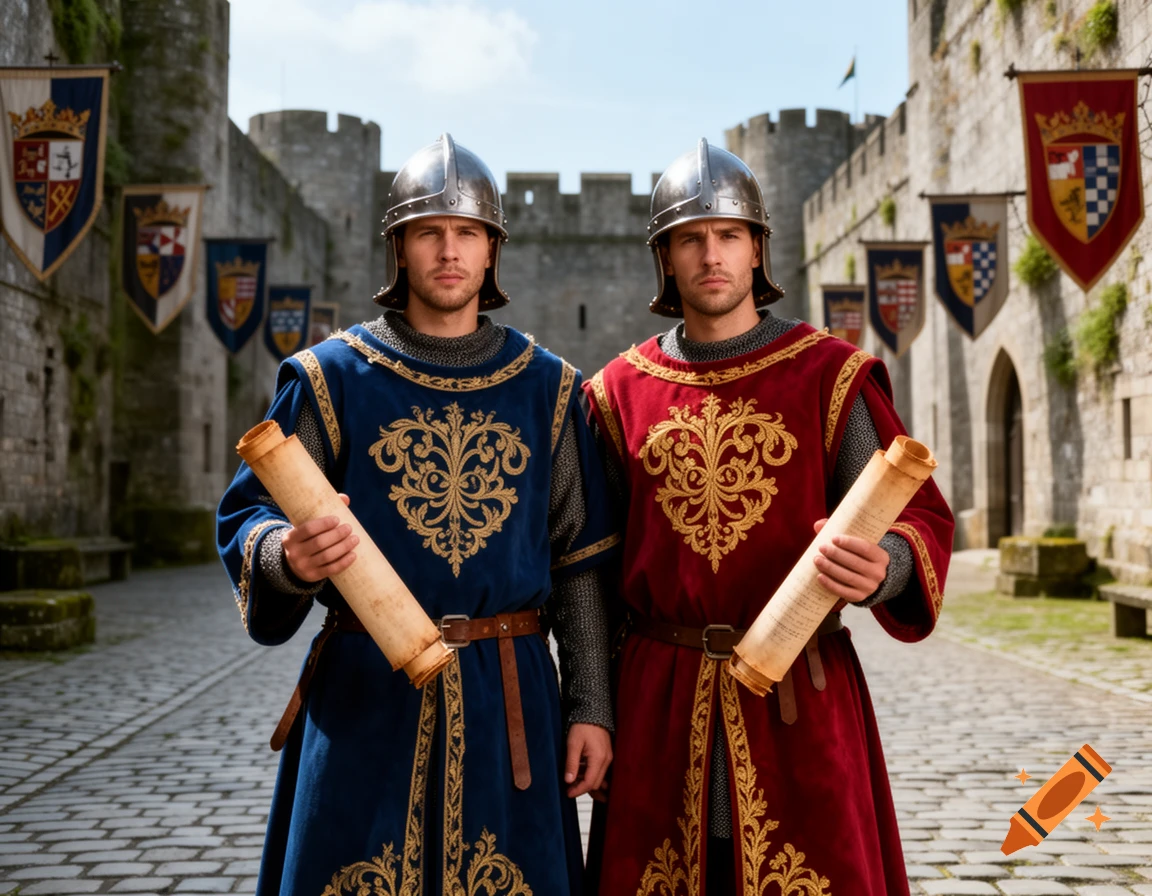 Two male heralds in ornate blue and red medieval robes and helmets stand with scrolls in a stone castle courtyard.