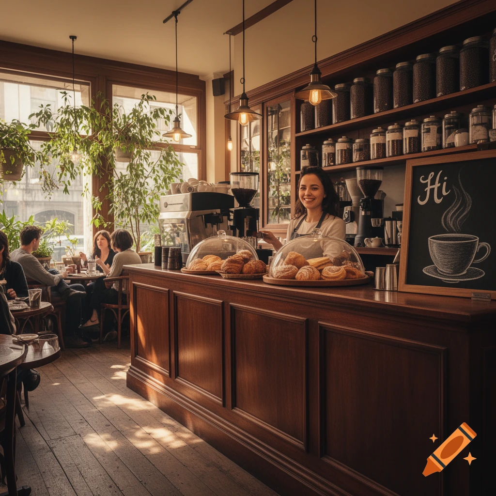 A female barista smiles behind a pastry-filled counter in a sunlit, bustling coffee shop with customers.