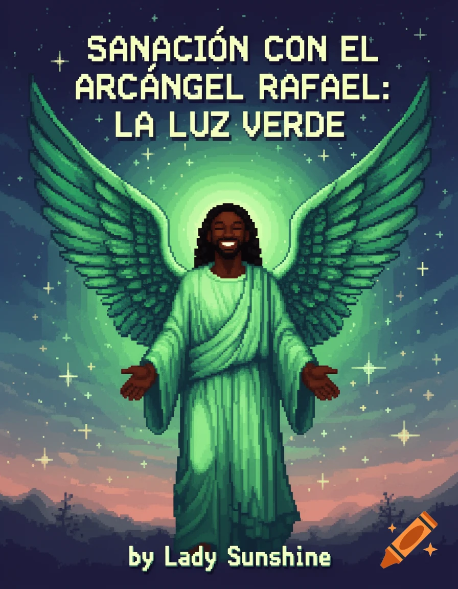Pixel art book cover featuring a smiling Black archangel with green wings and robe, glowing green. Text: 'SANACIÓN CON EL ARCÁNGEL RAFAEL: LA LUZ VERDE by Lady Sunshine'.