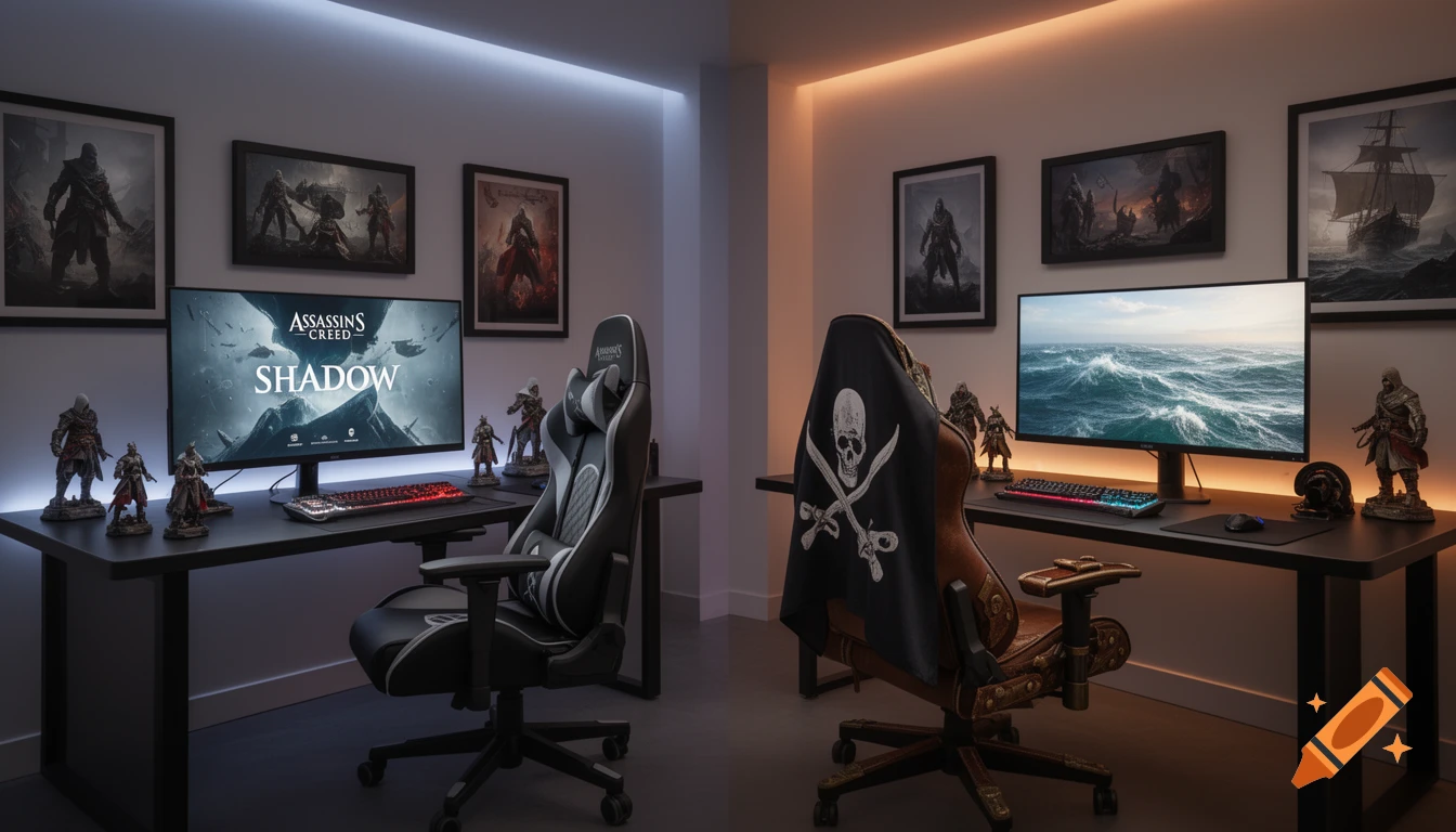 Two adjacent gaming setups, one themed with "Assassin's Creed Shadow" and the other with "Assassin's Creed Black Flag", featuring monitors, chairs, and game-related decor.
