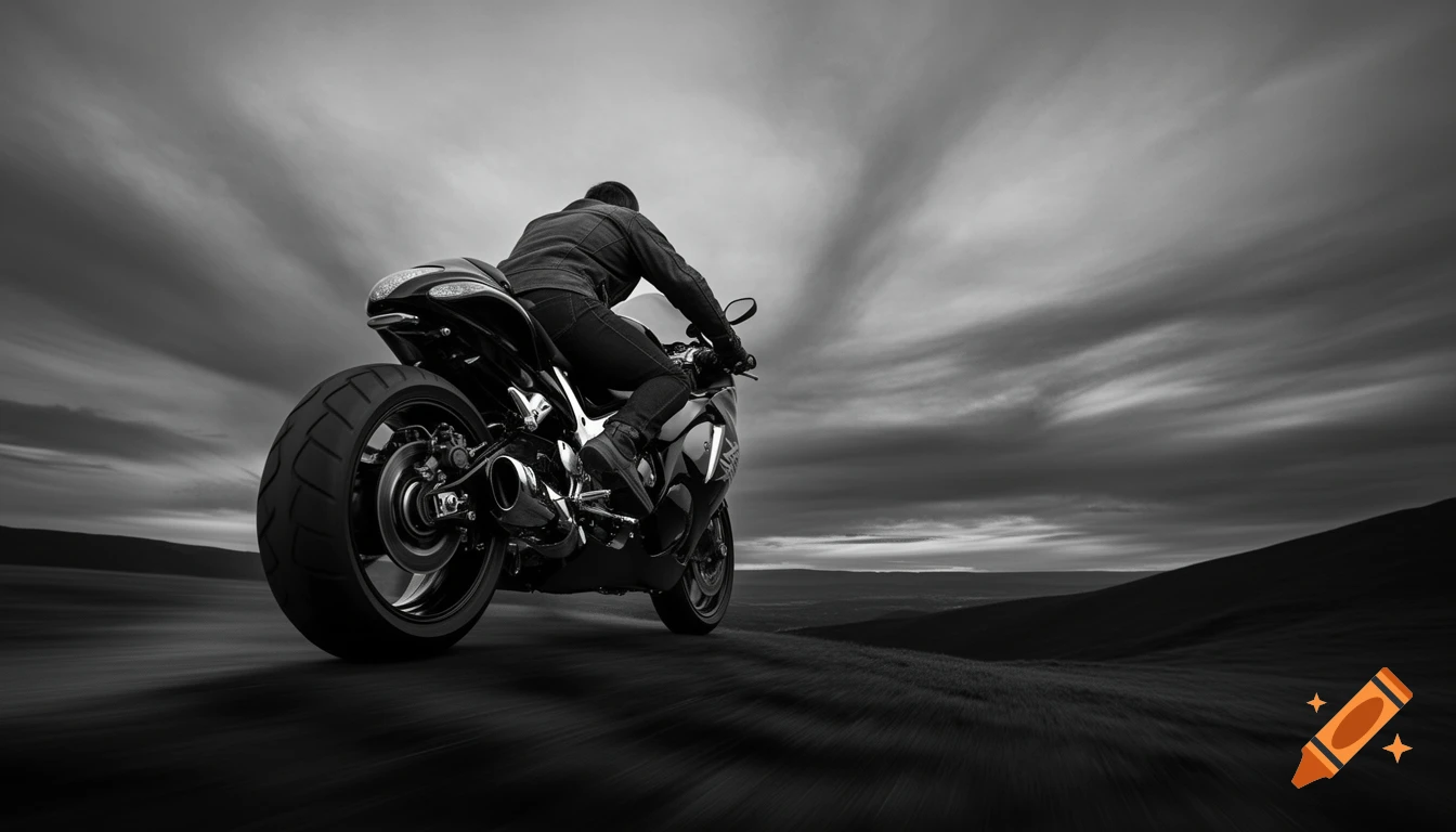 Monochrome image of a motorcyclist on a sleek bike speeding on a road under a dramatic cloudy sky, with motion blur.