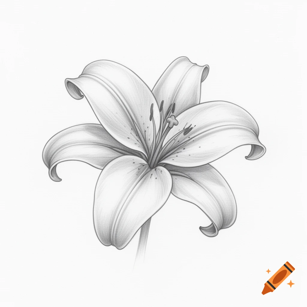 A hand-drawn, simplistic pencil sketch of a lily flower on a white background.