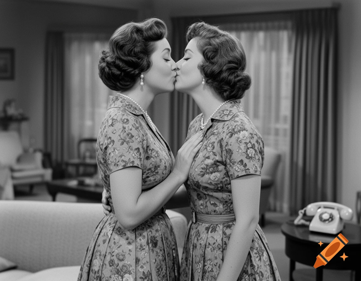Two 1950s housewives with curled hair and patterned dresses kiss in a black and white living room, resembling an old TV show.