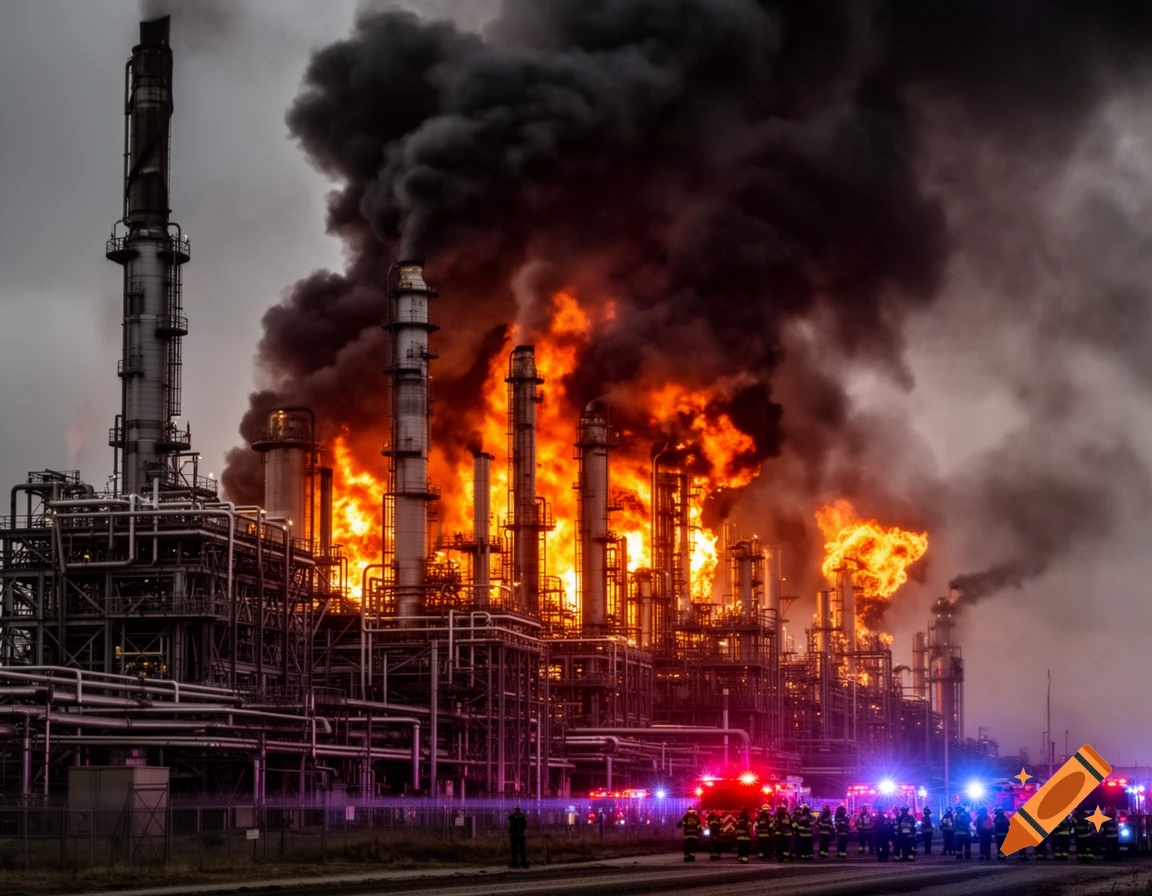 An oil refinery ablaze, with towering flames and thick black smoke billowing into the sky. Firefighters and emergency vehicles with flashing lights are gathered in the foreground.