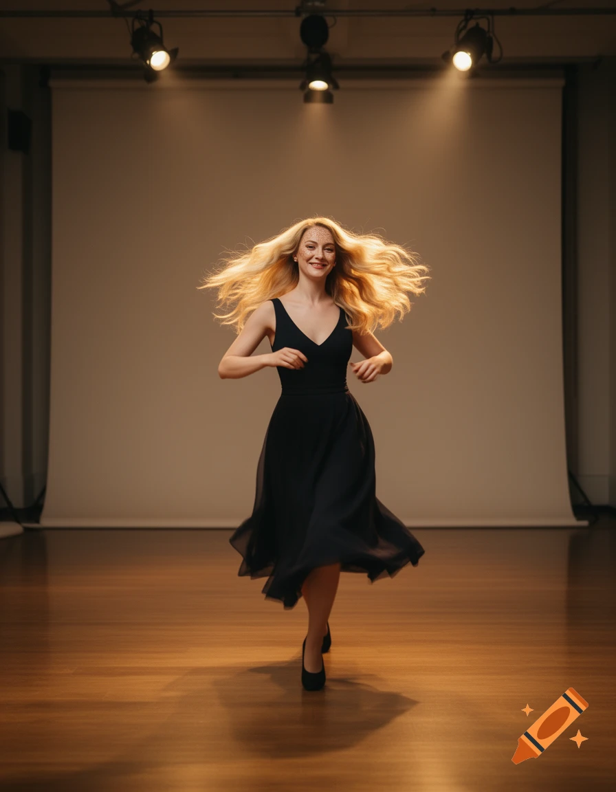 A smiling blonde woman in a black dress dances on a wooden stage under spotlights, her hair flowing.