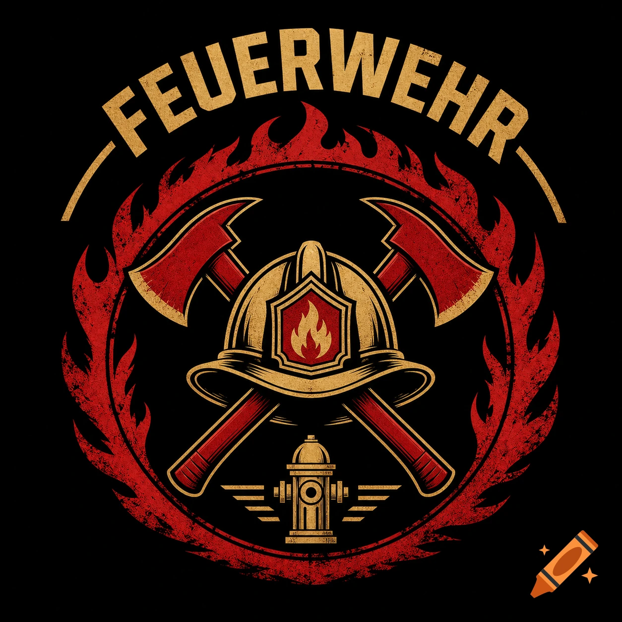 Vintage style fire department logo with 'FEUERWEHR' text, helmet, crossed axes, fire hydrant, and flames on black background.