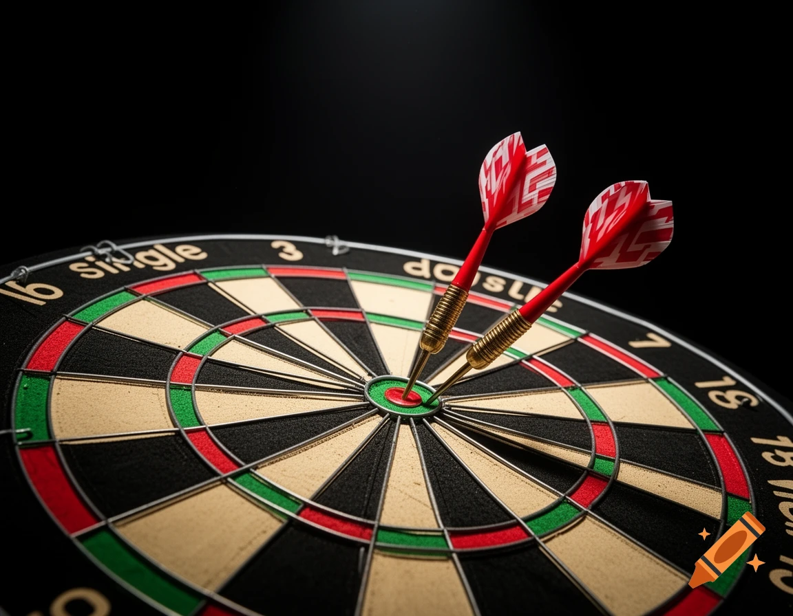 Photorealistic close-up of a dartboard with two red darts hitting the bullseye, against a dark background.