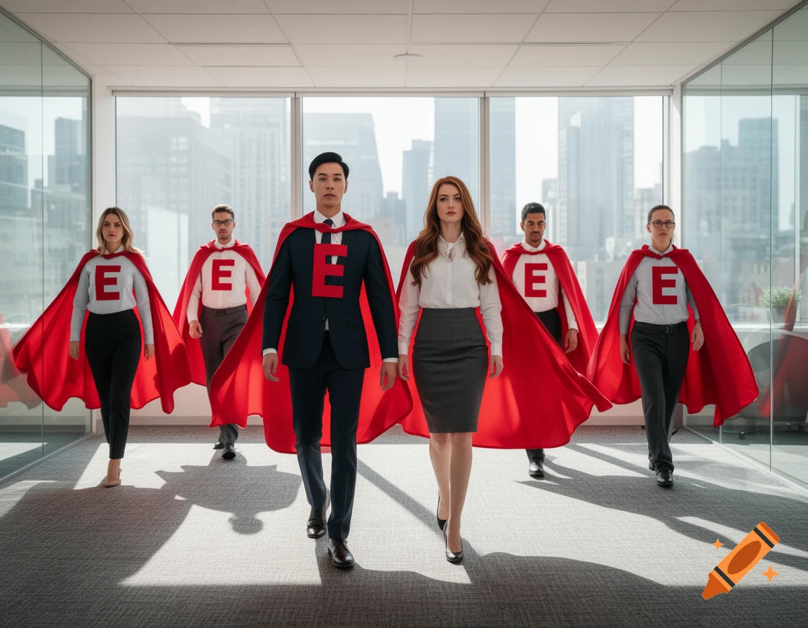 Group of diverse business professionals in red superhero capes with 'E' symbols walking through a modern office.