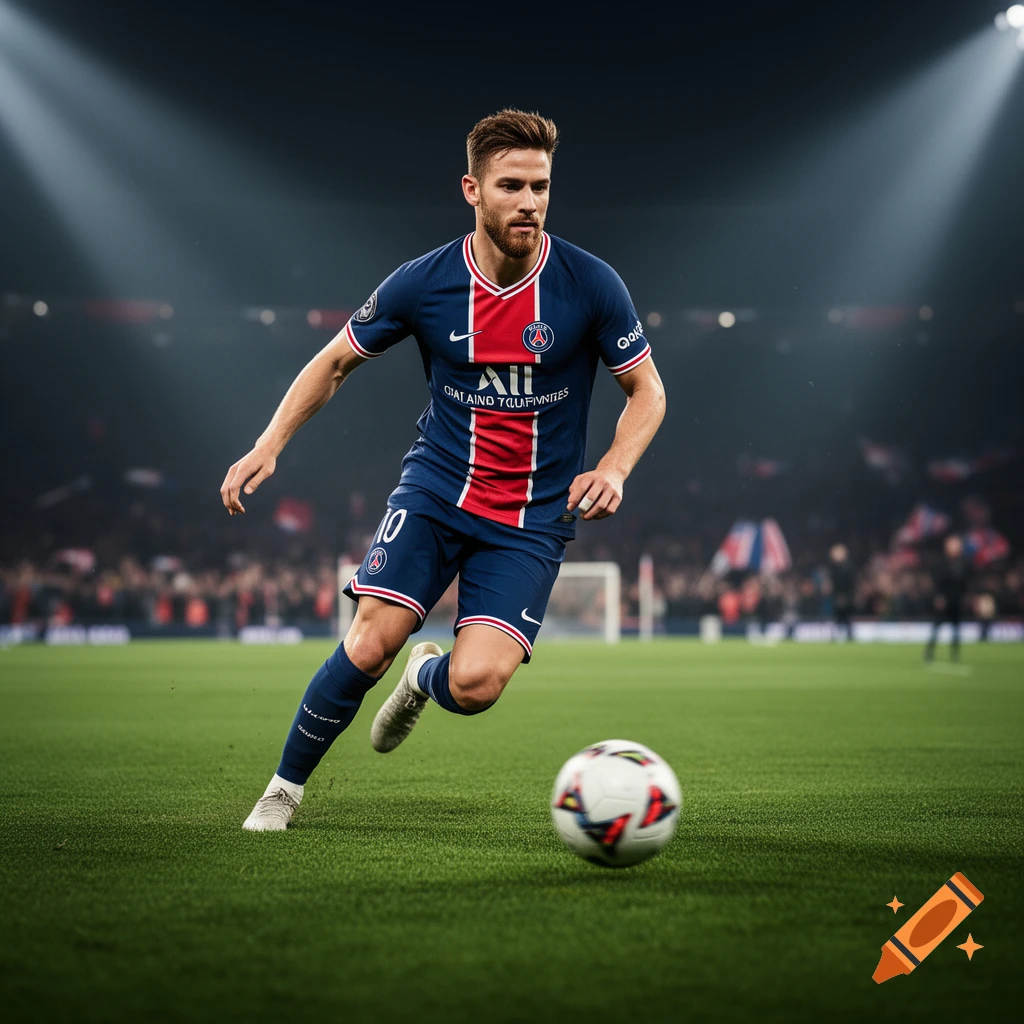 Photorealistic image of a male football player in a dark blue and red jersey, dribbling a ball on a green stadium field under bright lights.