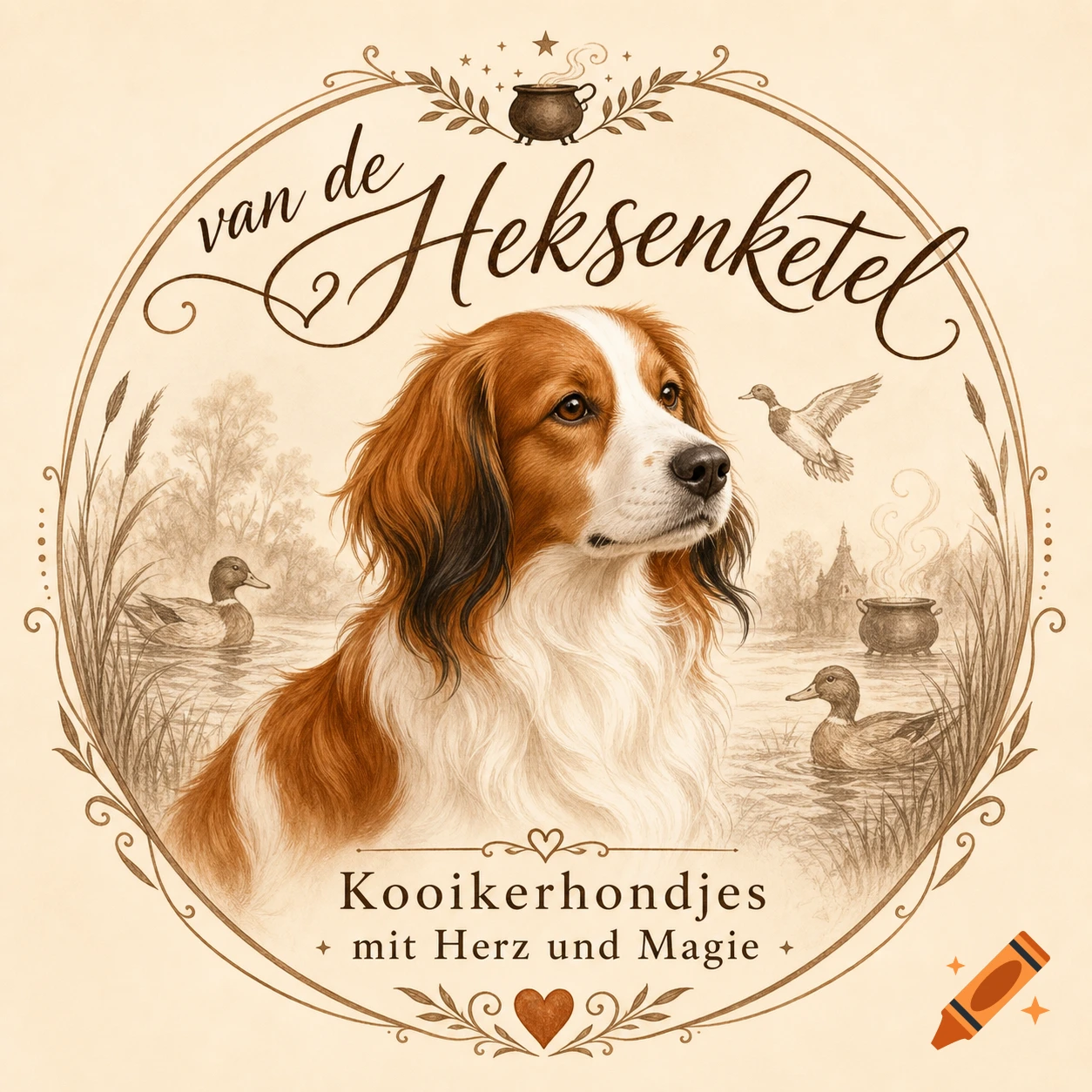 Stylized logo featuring a Kooikerhondje dog, ducks, and a witch's cauldron, with text 'van de Heksenketel'.