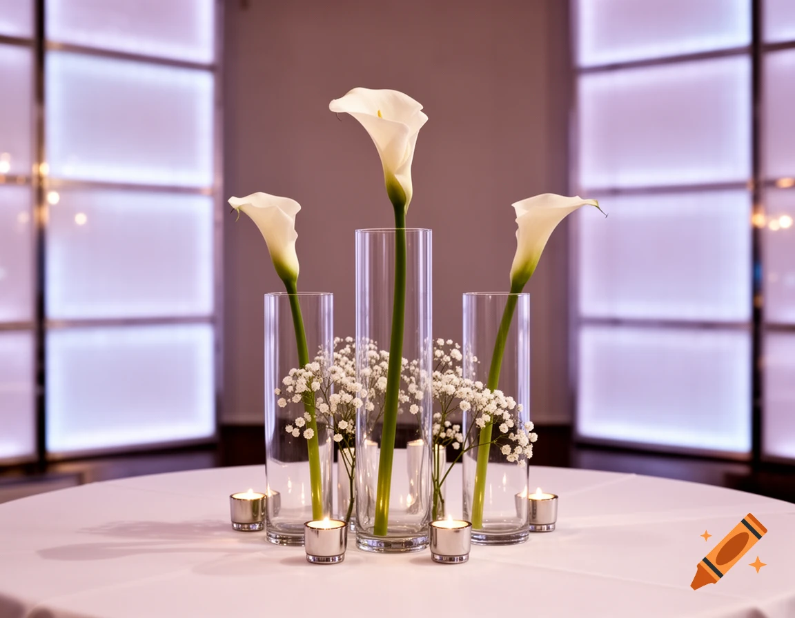 Three white calla lilies and baby's breath in clear glass vases with votive candles on a white table, set against blurred LED panels.
