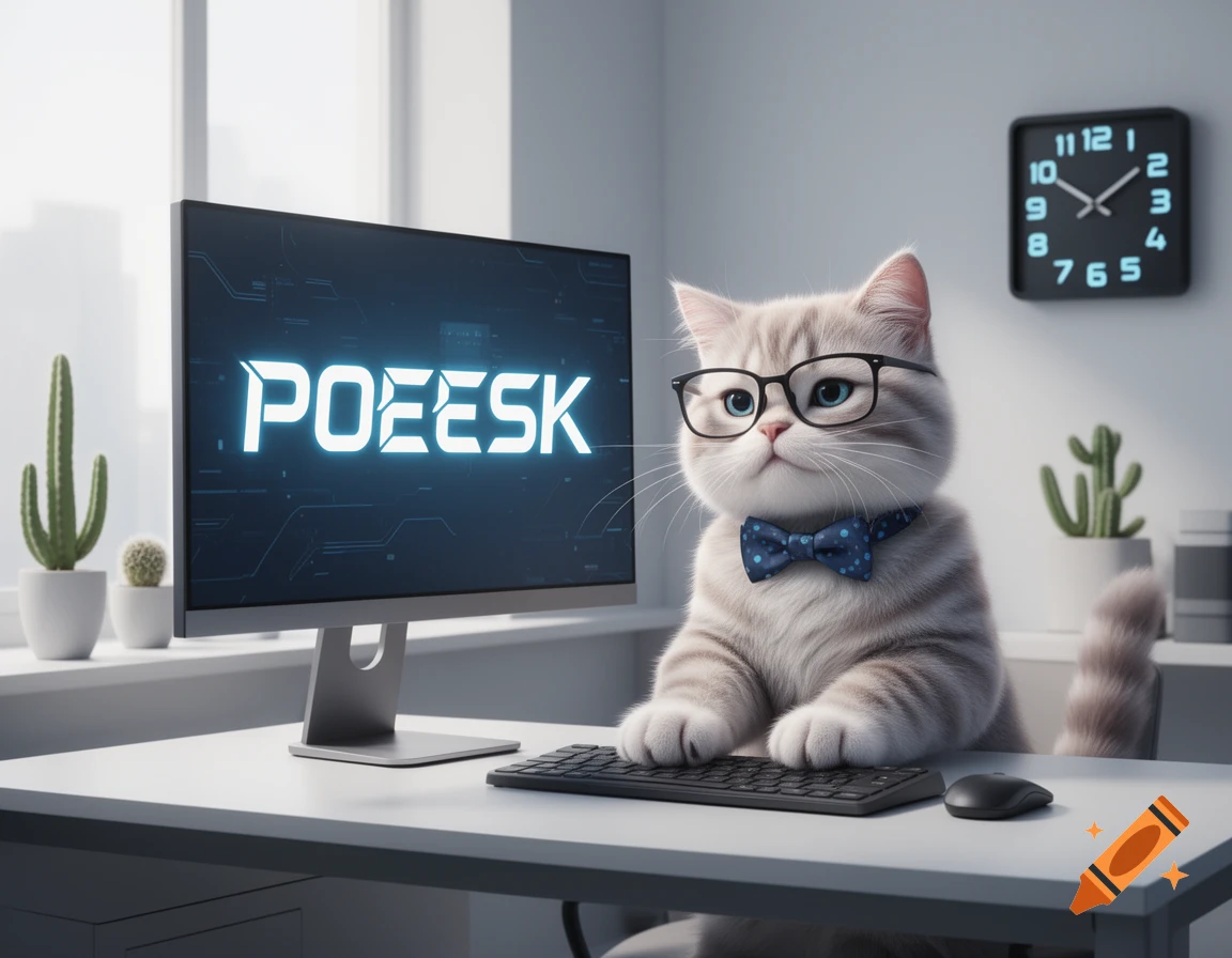 A cute gray cat in glasses and a bow tie works at a computer desk with "POEESK" on the monitor.