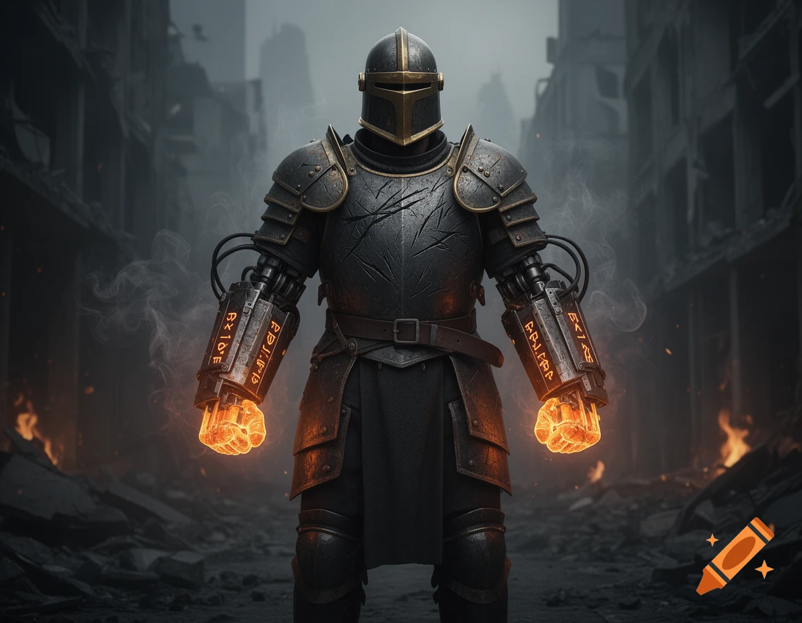A rugged soldier in battle-worn black plate armor with gold trim stands in a ruined city. His forearms are replaced by magepunk bracers with glowing orange runes and hard-light fists.