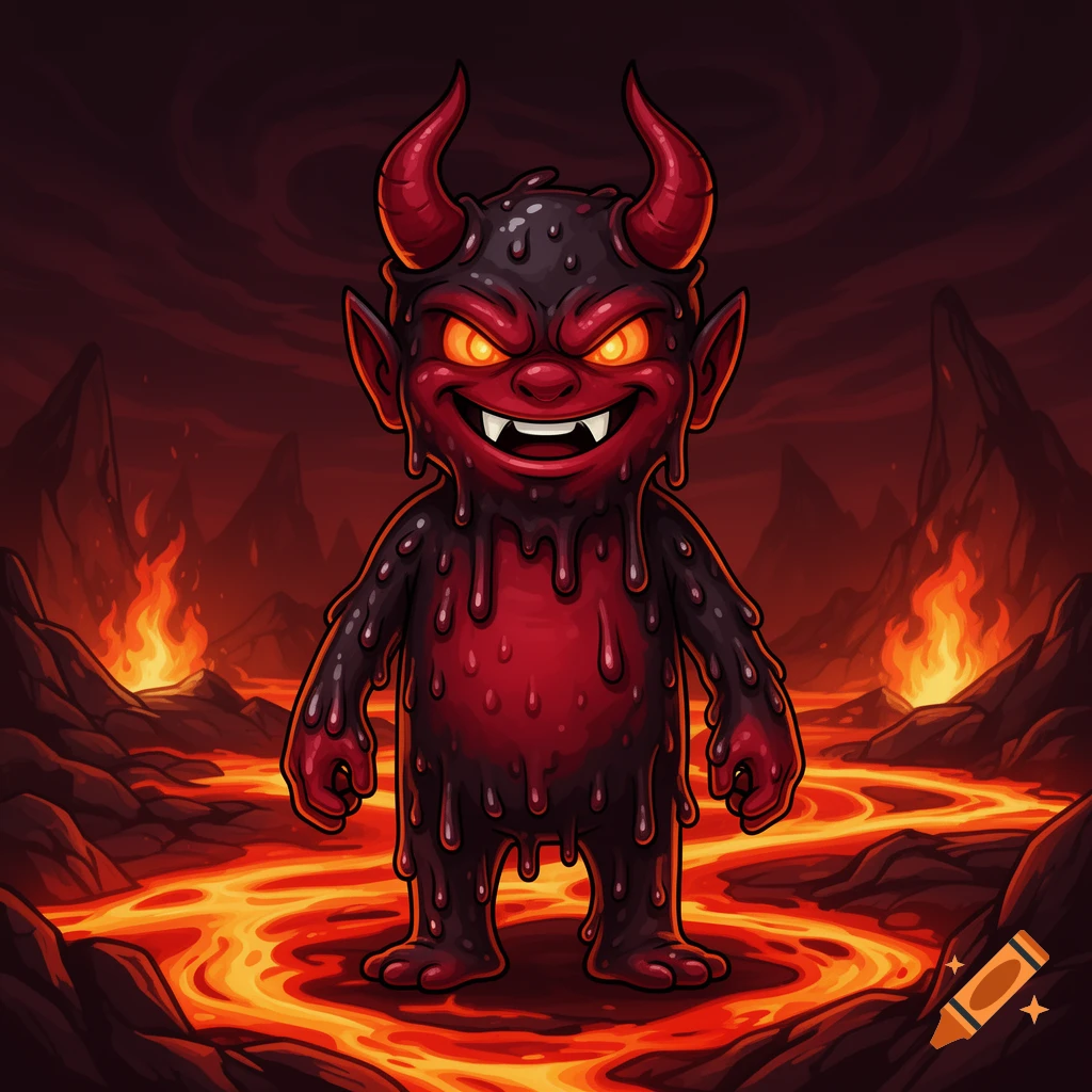 A cartoon devil covered in red slime with horns and glowing eyes stands in a fiery, lava-filled hellscape.