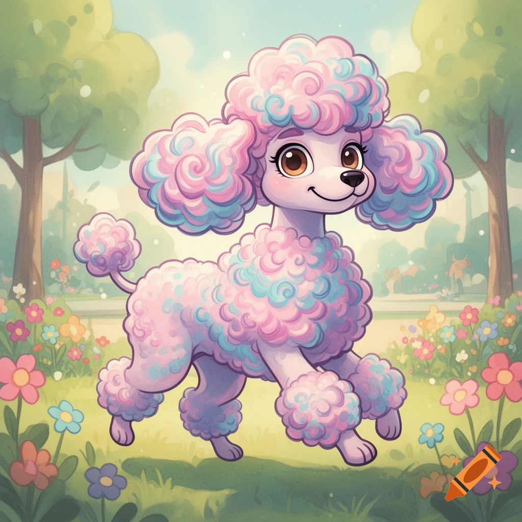 A colorful cartoon poodle with pink and blue fluffy fur skips through a bright park with flowers.