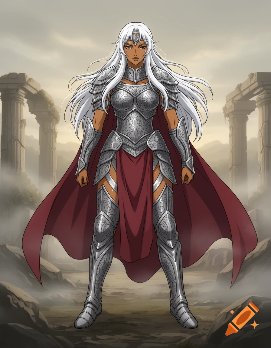 Anime woman warrior with long white hair, light dark skin, and elaborate silver armor, standing with a red cape in a misty landscape with ancient ruins.