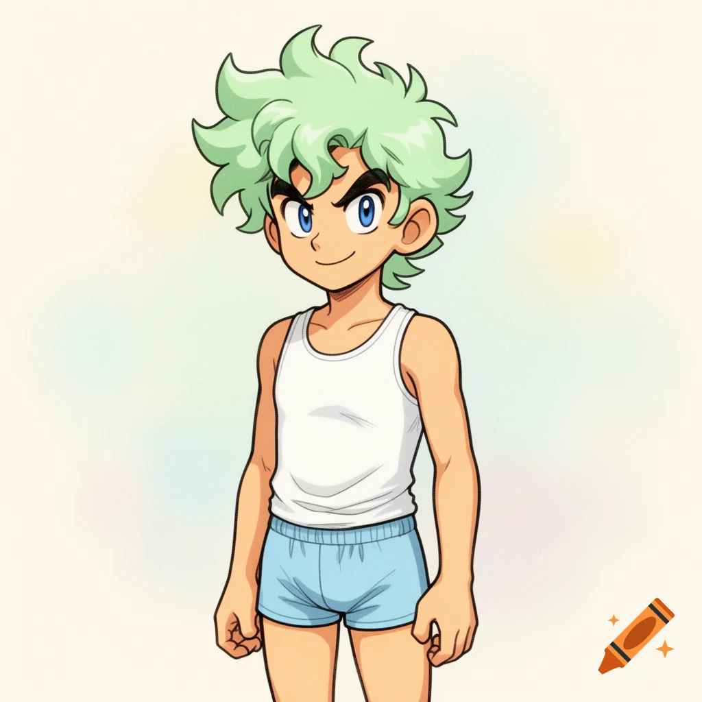 A cartoon boy with spiky green hair and blue eyes, wearing a white tank top and light blue shorts, in a 2000s manga style.