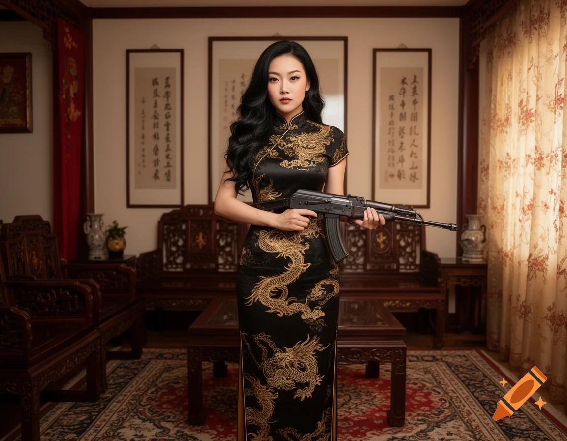 A beautiful Chinese woman in a black cheongsam with gold dragons holds an automatic rifle in a traditional Chinese living room.