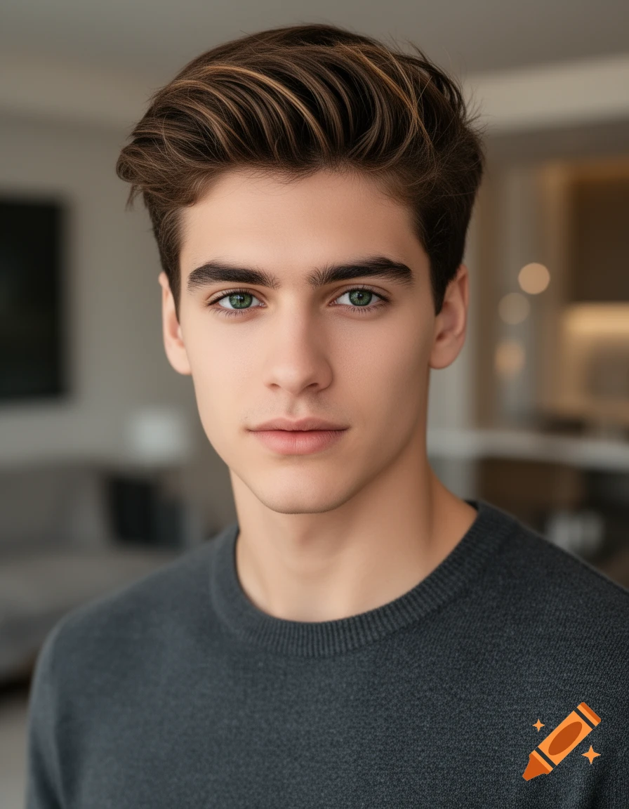 A photorealistic portrait of a young man with dark brown hair and green eyes, wearing a dark gray sweater.