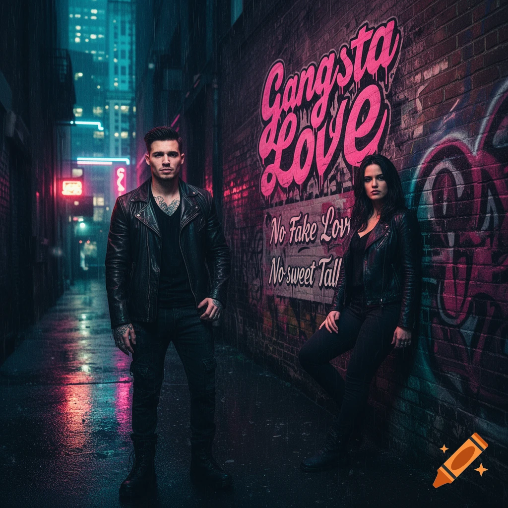 A man and a woman in black leather jackets pose in a dark, rainy alleyway at night, illuminated by neon lights and graffiti reading "Gangsta Love" on a brick wall.