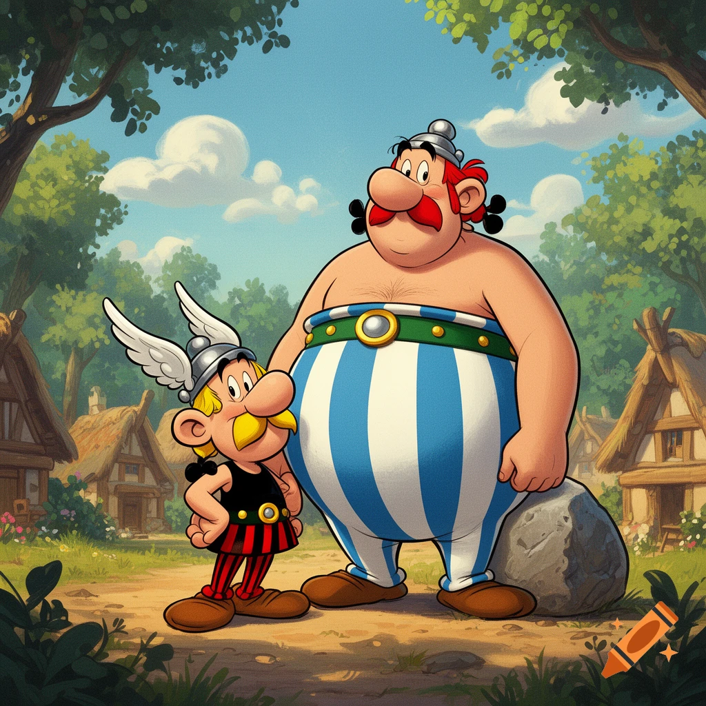Asterix and Obelix, cartoon characters, standing in a sunny Gaulish village with thatched huts.