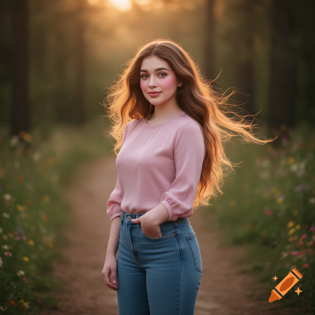 Photorealistic portrait of a young woman with long brown hair, pink top, and blue jeans, standing on a path in a sunlit forest.